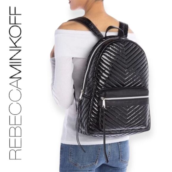 Rebecca Minkoff Handbags - Rebecca Minkoff Pippa Large Backpack Black Patent Nylon Chevron Quilted Laptop